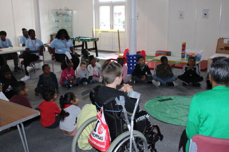 Children, including a wheelchair user, joining an inclusive group activity