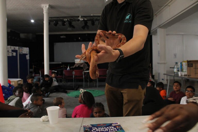 An animal educator showing a snake to children during a supervised session